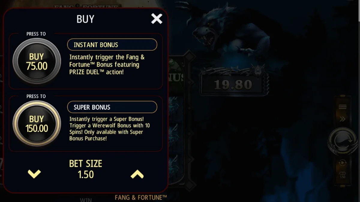 Fang & Fortune slot game interface na nagpapakita ng labanan sa pagitan ng bampira at werewolf