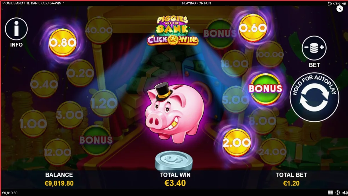 Piggies and the Bank: Click-A-Win slot interface sa mobile