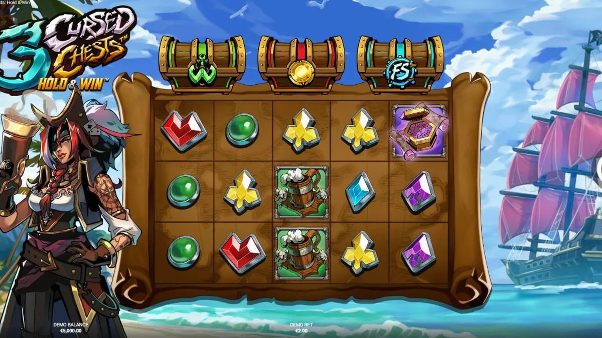 3 Cursed Chests: Hold & Win slot game screen na nagpapakita ng mga mahiwagang baul at piratang tema.